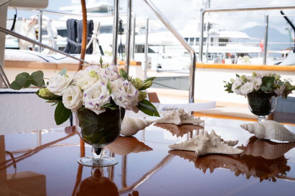 Heritage-M-Exterior-cockpit-flowers-yacht-for-charter-west-coast-international
