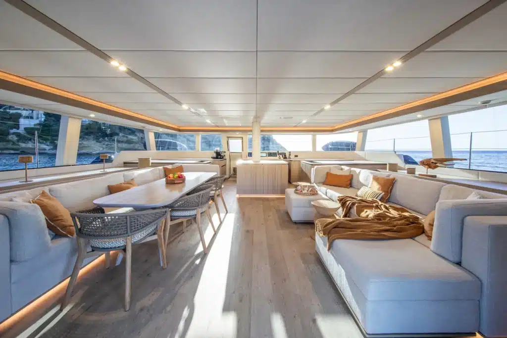 Sunreef Catamaran yacht for charter salonRay booking with Verdeblu interior
